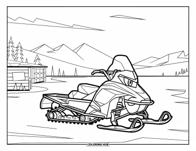 Coloriage de motoneige pour enfants : Une motoneige avec une structure en bois se repose près d'un lac gelé et de sommets lointains