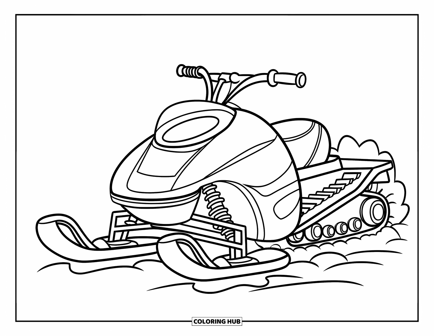 Snowmobile Coloring Page for Kids: A snowmobile with big treads sits in fluffy snow under a white sky