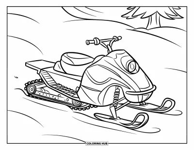 Coloriage de motoneige pour enfants : Une motoneige aux larges chenilles est dans la neige légère avec un arbre à proximité