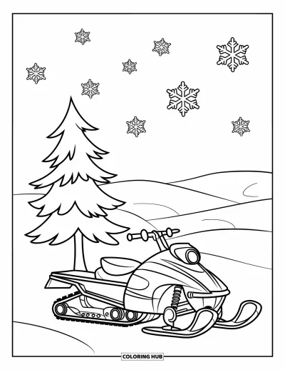 Coloriage de motoneige pour enfants : Une motoneige aux grandes roues est posée près d'un petit pin sous la neige qui tombe