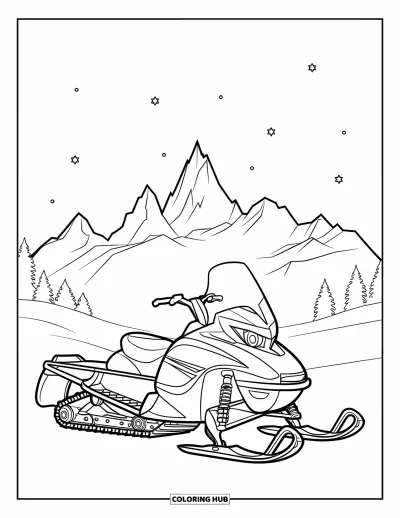 Coloriage de motoneige pour enfants : Une motoneige à siège surélevé fait face à des sommets enneigés sous un ciel nocturne dégagé