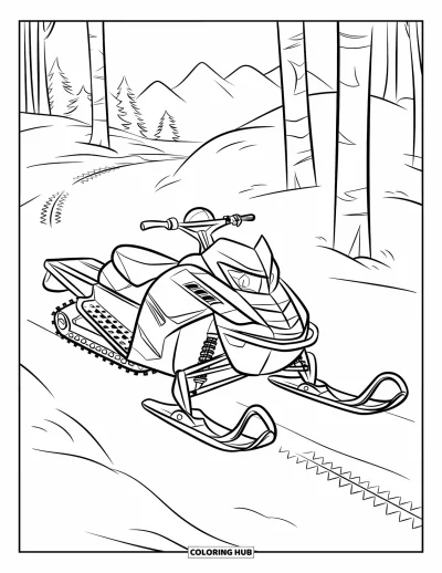 Coloriage de motoneige pour enfants : Une motoneige à skis est dans une forêt enneigée avec des montagnes derrière