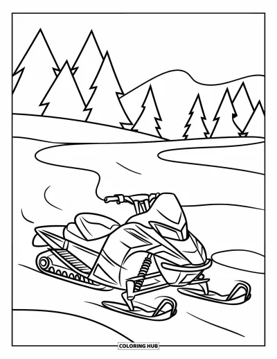 Coloriage de motoneige pour enfants : Une motoneige file à toute allure dans un champ enneigé avec des arbres au loin
