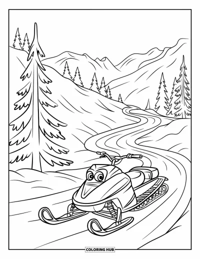 Coloriage de motoneige pour enfants : Une motoneige ancienne roule entre des pins le long d'un étroit sentier de montagne enneigé