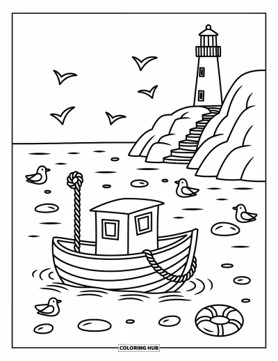 Coloriage d'Espagne pour adultes : Un chaleureux bateau de pêche flotte sur des vagues douces près d'un phare et de quelques mouettes