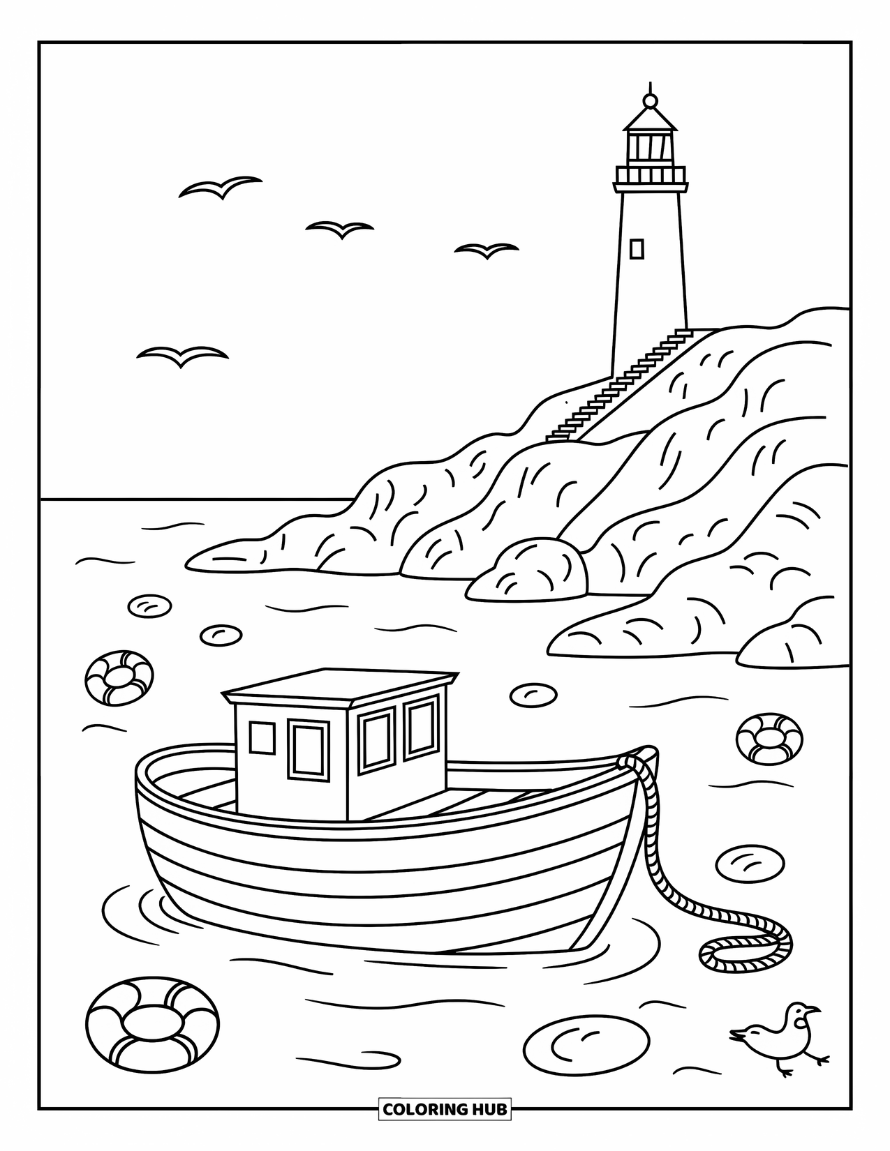 Spain Coloring Page for Adults: A cute boat and tall lighthouse rest in a calm and cozy coastal scene