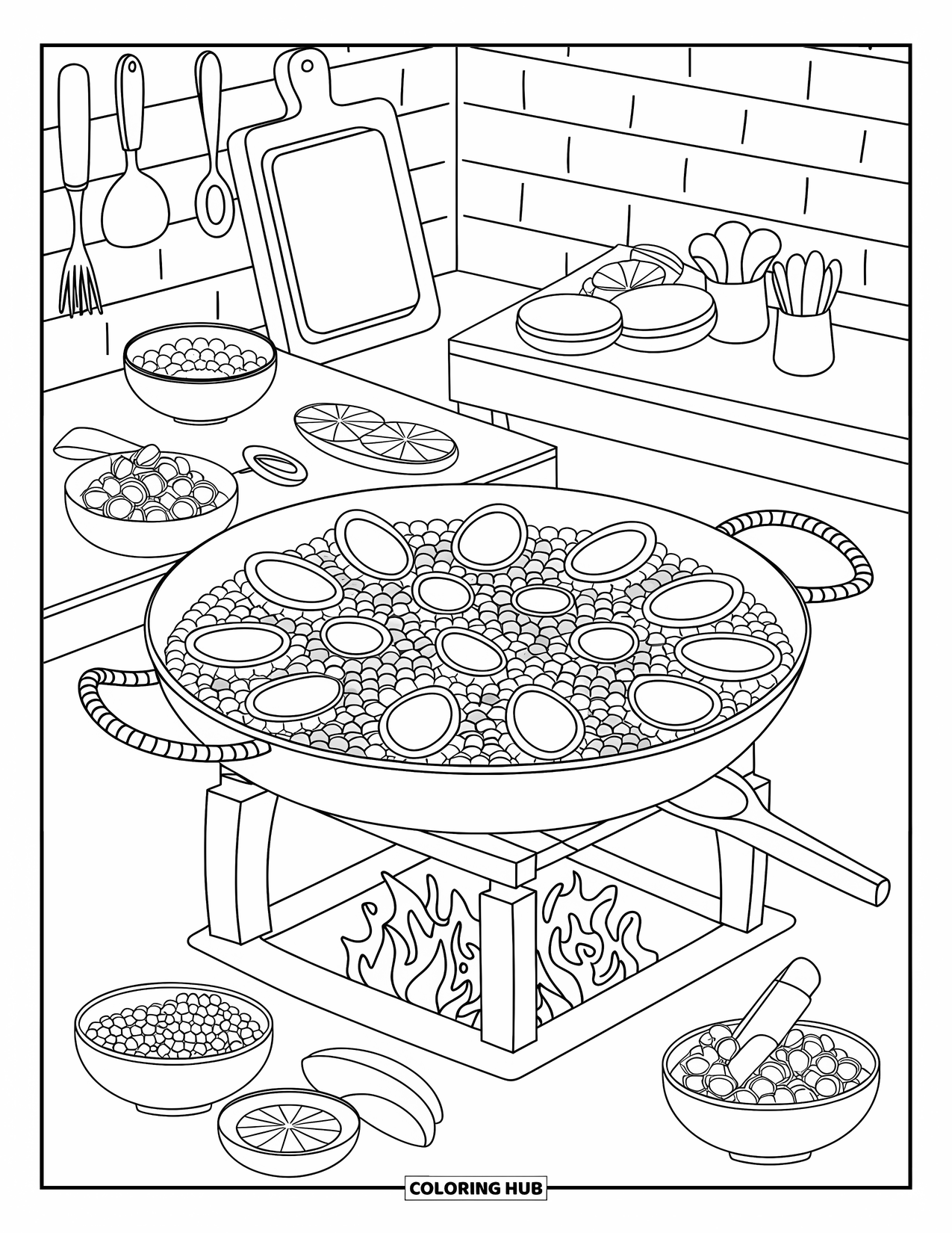 Spain Coloring Page for Adults: A steaming pan of paella cooks over fire with bowls and hanging kitchen tools nearby