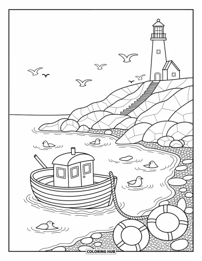 Coloriage d'Espagne pour adultes : Un petit bateau et un phare reposent paisiblement près de la mer avec des bouées et des galets