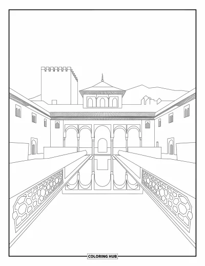 Coloriage d'Espagne pour adultes : Les tours et les arches de l'Alhambra encadrent un panorama avec les montagnes en toile de fond