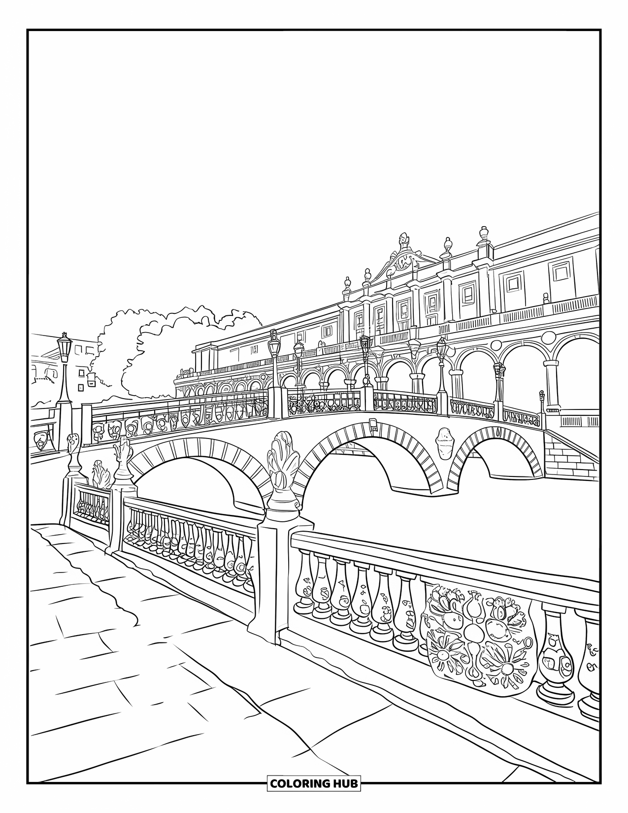 Spain Coloring Page for Adults: Arched bridges span a green canal next to a palace with ornate Spanish architecture