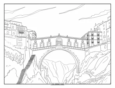 Coloriage d'Espagne pour adultes : Bâtiments à flanc de falaise et escaliers entourent un haut pont de pierre au-dessus d'un canyon