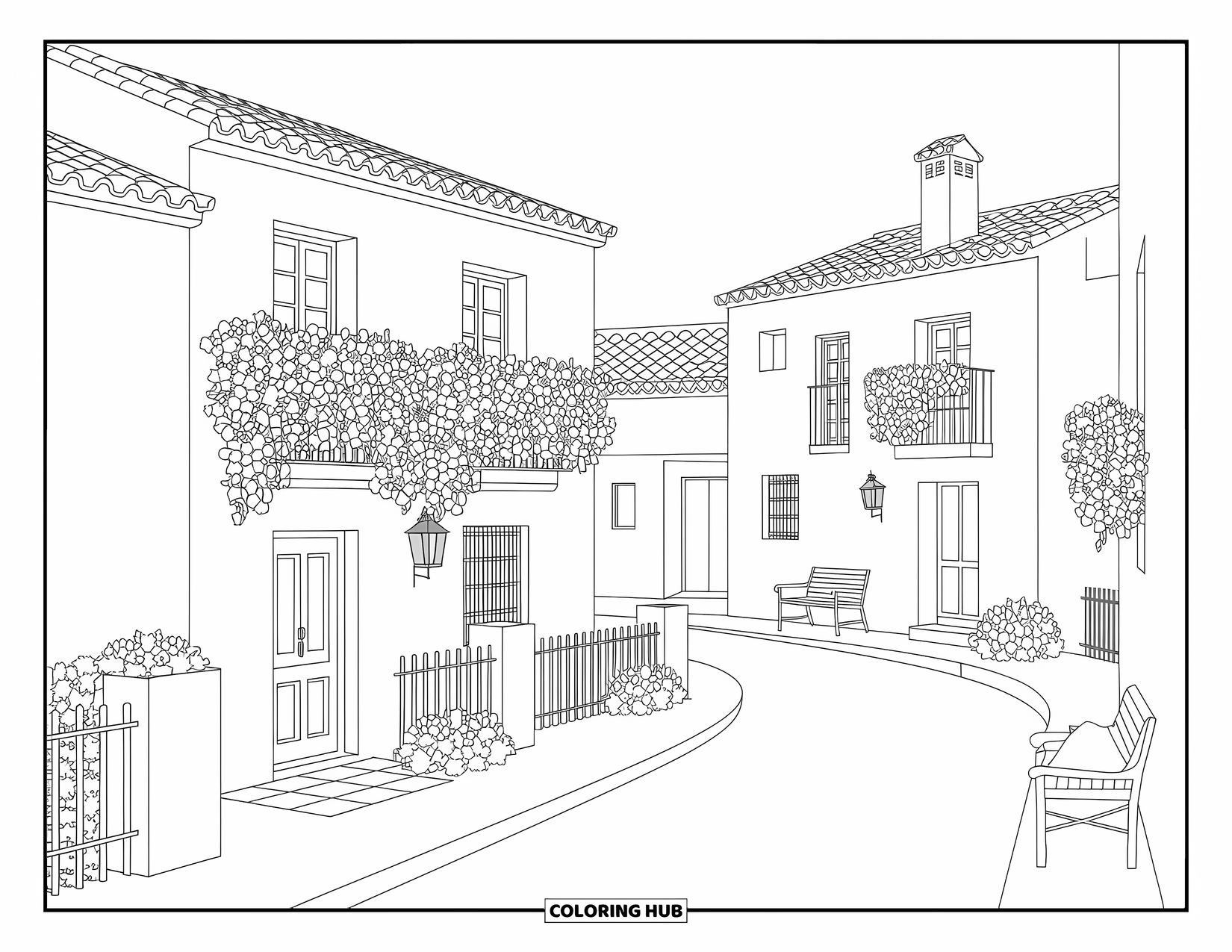 Spain Coloring Page for Adults: Curved roofs and flowerpots decorate a peaceful street in a charming Spanish village