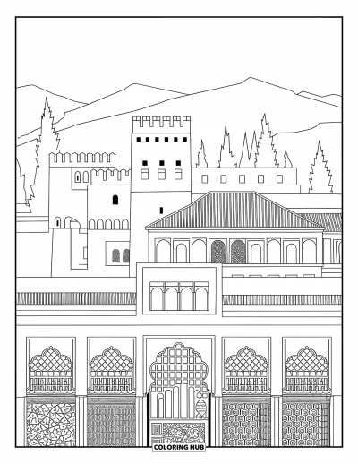 Coloriage d'Espagne pour adultes : Scène détaillée du palais de l'Alhambra avec des motifs complexes et une vue sereine sur les montagnes