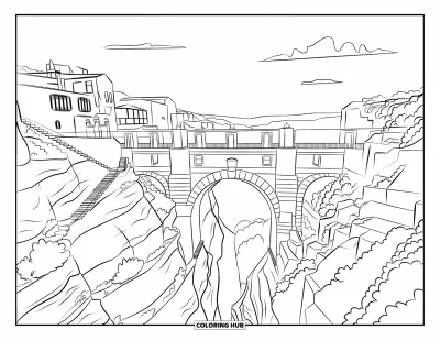 Coloriage d'Espagne pour adultes : Impressionnant pont de pierre enjambant un canyon profond avec des bâtiments à flanc de falaise et des escaliers sinueux