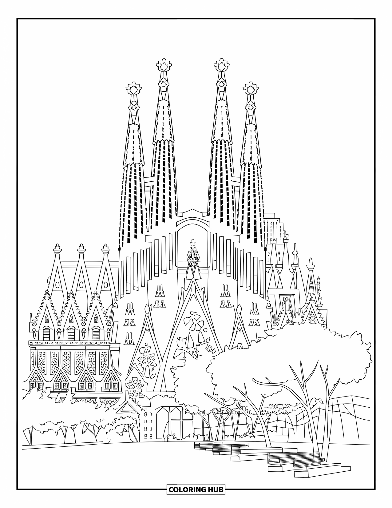 Spain Coloring Page for Adults: Gothic basilica with tall spires and sculpted walls beside trees and benches