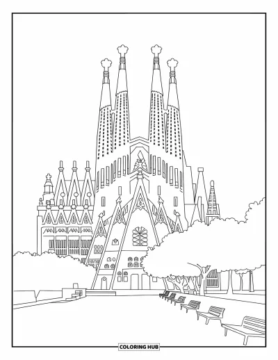 Coloriage d'Espagne pour adultes : Grande basilique aux flèches sculptées, aux arbres touffus et aux bancs au premier plan