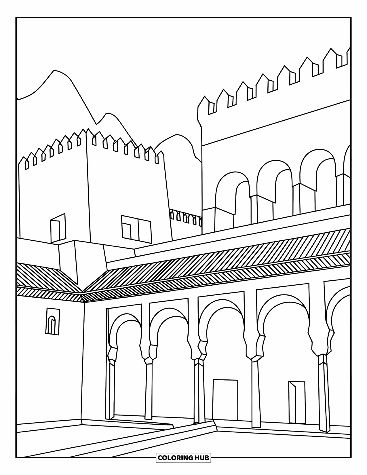 Spain Coloring Page for Adults: Historic palace complex with Moorish towers, arches, and mountain silhouettes