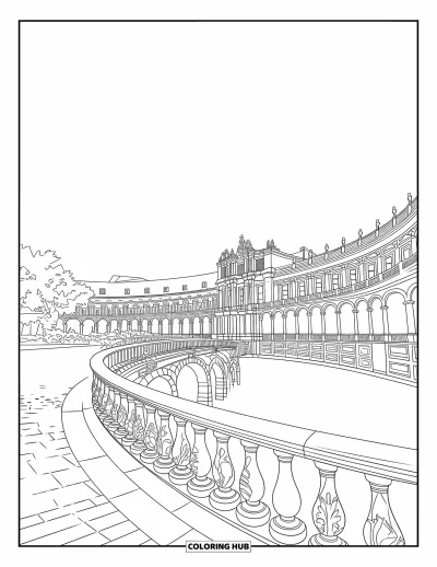 Coloriage d'Espagne pour adultes : Un palais orné et des ponts carrelés bordent un canal paisible avec de la verdure et des palmiers