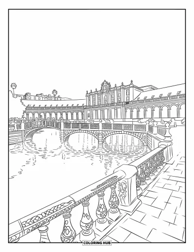 Coloriage d'Espagne pour adultes : Les arches du palais se reflètent dans le canal entouré de carreaux décoratifs et d'arbres luxuriants