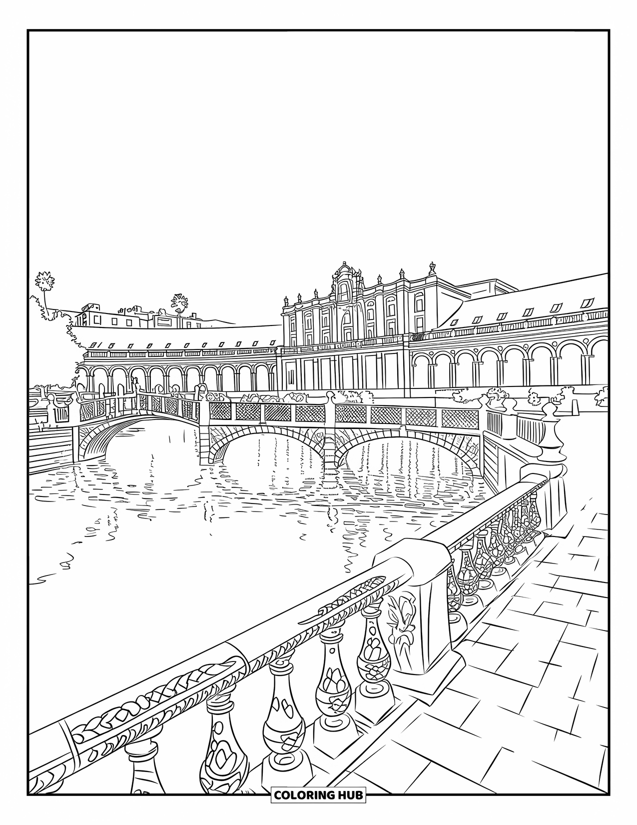 Spain Coloring Page for Adults: Palace arches reflect on the canal surrounded by decorative tiles and lush trees
