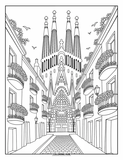 Coloriage d'Espagne pour adultes : Rue pittoresque de Barcelone avec des balcons arrondis sous les hautes flèches de la Sagrada Família