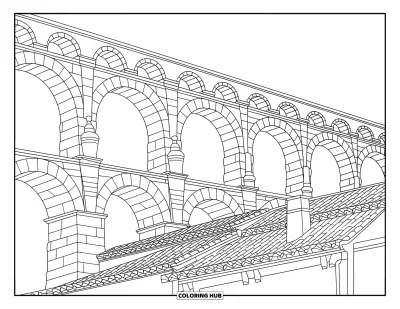 Coloriage d'Espagne pour adultes : Les arches de l'aqueduc romain dominent des maisons espagnoles traditionnelles aux toits en tuiles
