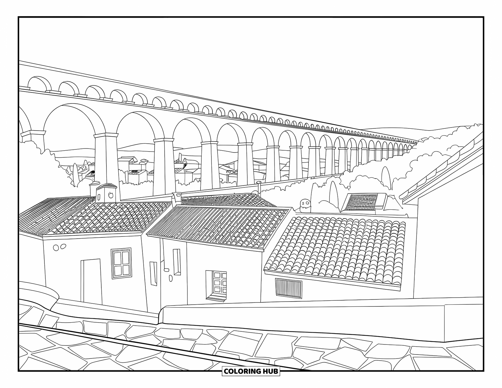 Spain Coloring Page for Adults: Roman aqueduct with arches above tiled homes and a distant view of the town
