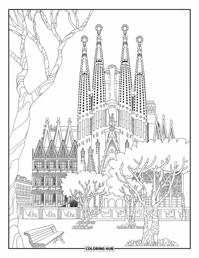 Coloriage d'Espagne pour adultes : Les flèches sculptées de la Sagrada Família s'élèvent derrière des arbres et une ligne d'horizon urbaine