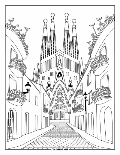 Coloriage d'Espagne pour adultes : Les flèches arrondies de la Sagrada Família s'élèvent au-dessus de balcons fleuris et de ruelles pavées
