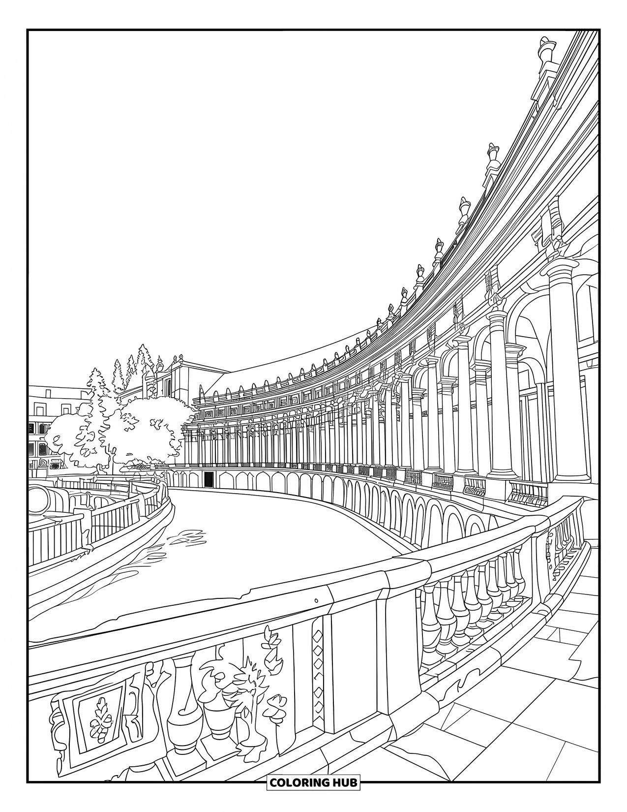 Spain Coloring Page for Adults: Scenic canal with arched bridges, tiled railings, and a grand palace building