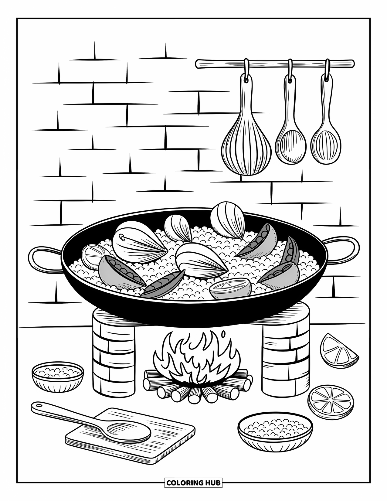 Spain Coloring Page for Adults: Seafood, peas, and lemon slices fill a paella pan on a cozy outdoor stove