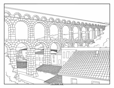 Coloriage d'Espagne pour adultes : Les arches de l'aqueduc de pierre surplombent des maisons espagnoles et des arbres dans une scène de village