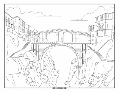 Coloriage d'Espagne pour adultes : Un grand pont de pierre s'étire sur un canyon profond avec des bâtiments et des escaliers taillés dans le roc