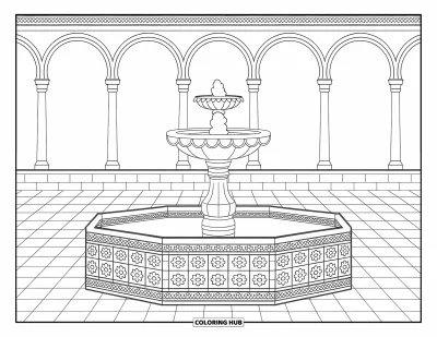 Coloriage d'Espagne pour enfants : Une fontaine en forme de vasque se dresse dans une allée de cour près d'un bâtiment de style espagnol