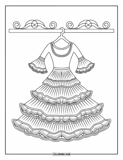 Coloriage d'Espagne pour enfants : Une robe de flamenco à jupe ample et large encolure suspendue contre un mur uni
