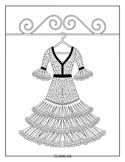 Coloriage d'Espagne pour enfants : Une robe de flamenco aux volutes suspendue à un cintre arrondi