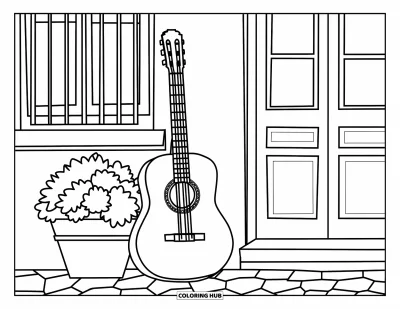 Coloriage d'Espagne pour enfants : Une guitare repose près d'un pot de fleurs et d'une fenêtre dans une scène de style espagnol
