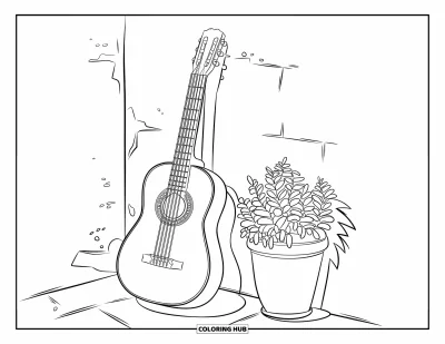 Coloriage d'Espagne pour enfants : Une guitare à quelques cordes s'appuie contre un mur près d'un pot de fleurs feuillu