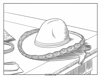 Coloriage d'Espagne pour enfants : Un chapeau de matador repose sur une table avec un mouchoir et une ceinture