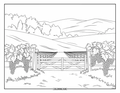 Coloriage d'Espagne pour enfants : Un sentier paisible à travers les vignes aboutit à un portail en bois avec des collines au loin