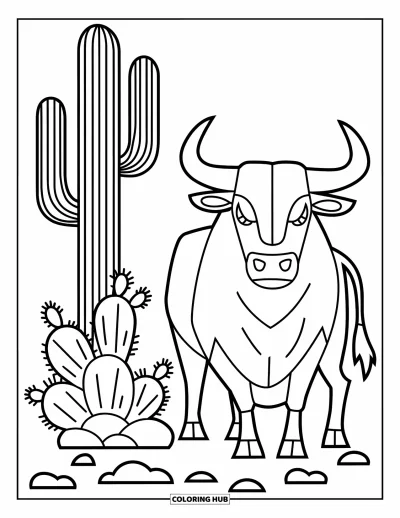 Coloriage d'Espagne pour enfants : Un taureau puissant se tient près d'un cactus et de palmiers dans un décor de style espagnol