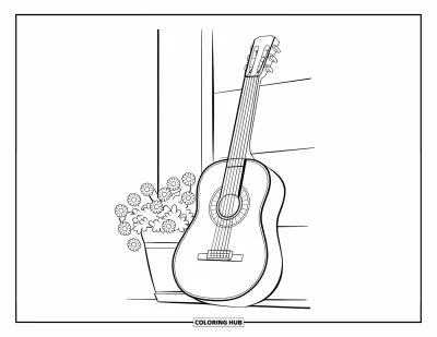 Coloriage d'Espagne pour enfants : Une guitare espagnole s'appuie contre un mur avec un pot de fleurs et des briques écaillées
