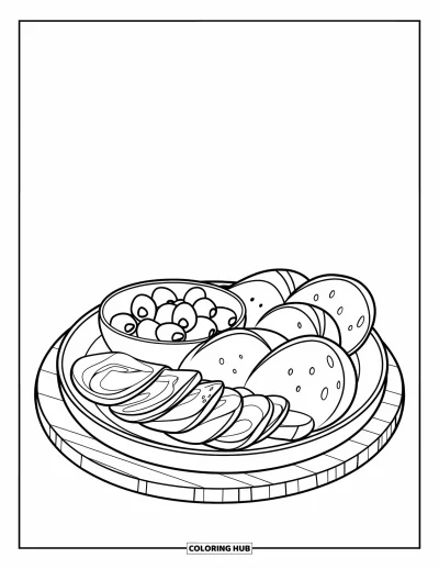 Coloriage d'Espagne pour enfants : Un assortiment de tapas avec du pain, des olives et du jambon sur une planche en bois