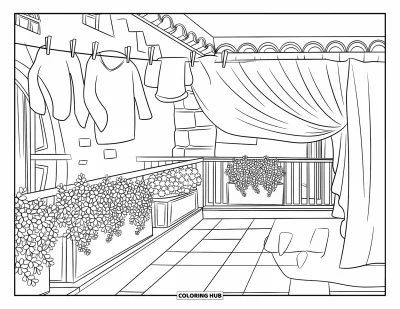 Coloriage d'Espagne pour enfants : Un balcon carrelé fleuri avec du linge séchant, près d'une entrée voûtée
