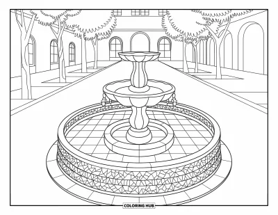 Coloriage d'Espagne pour enfants : Une fontaine carrelée se dresse dans une cour tranquille avec un chemin en mosaïque et des plantes