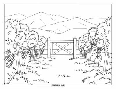 Coloriage d'Espagne pour enfants : Un sentier de vignoble mène à un portail rustique entouré de vignes tranquilles et de collines