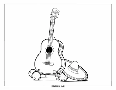Coloriage d'Espagne pour enfants : Une guitare en bois posée près de noix de coco et d'un sombrero dans un décor ensoleillé