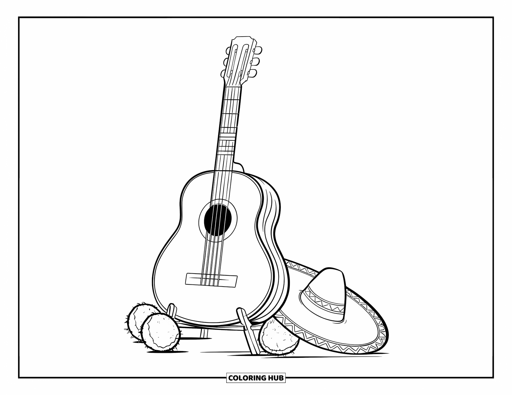 Spain Coloring Page for Kids: A wooden guitar sits beside coconuts and a sombrero hat in a sunny setting
