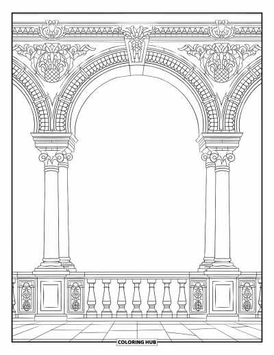 Coloriage d'Espagne pour enfants : Arches et colonnes bordent la Plaza de España avec des rambardes décorées et des carrelages