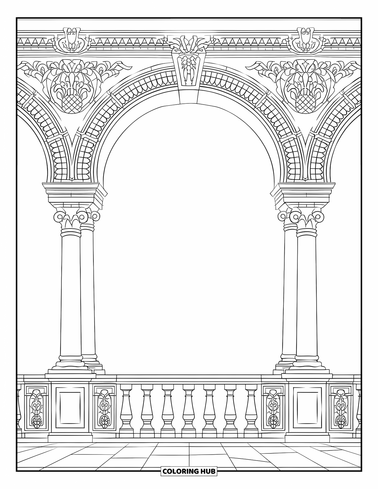 Spain Coloring Page for Kids: Arches and columns line the Plaza de España with decorated railings and tile work
